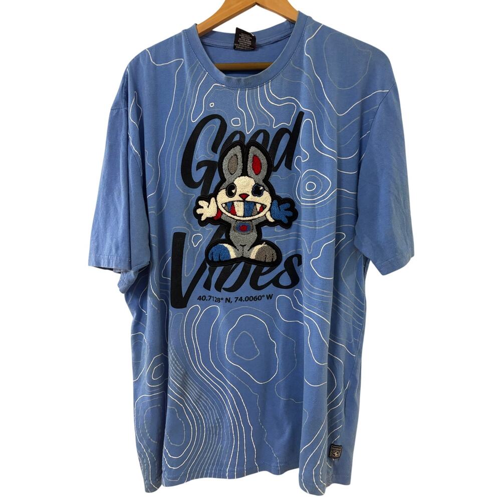 Southpole Mens XXL Good Vibes Graphic T-Shirt Blue Embroidered Bunny Patch Y2K
